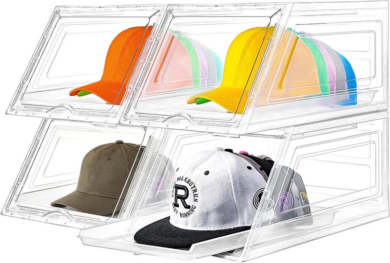 Euct 4 Pack Hat Organizer for Baseball Caps,Large Clear Cap Organizer with Drawer,Hats Holder Box for Closet with Sliding Tray,Stackable Hat Rack Display Case,Multi-use Hat Case for Caps,Each Holds 12 Hats - Image 1